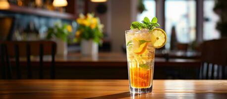 A delectable, refreshing lemonade is placed on a wooden table in a charming local cafe. The addition photo