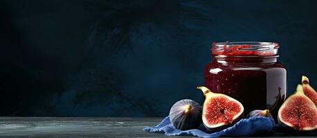 A jar of homemade sweet red fig jam made from fresh blue figs, placed on a gray table with a plain photo