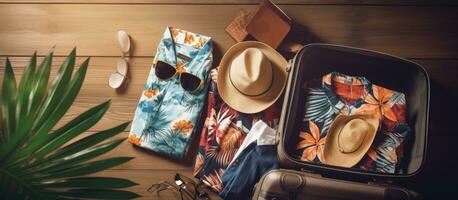 A travel and vacation concept depicted by a top view of luggage with trip essentials and clothing photo