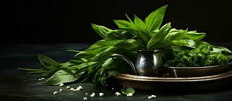 Homemade Wild Garlic Pesto And Wild Garlic Leaves On A Metal Tray On Black Background With Copy photo