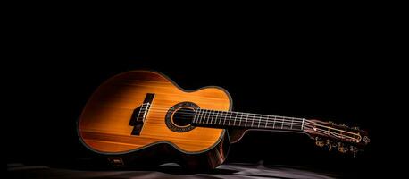 The classical guitar is shown in close-up, with dramatic lighting against a black background. There photo