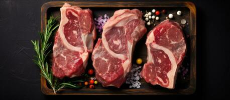 raw lamb meat chops and steaks arranged in a wooden tray on a black background. captured from a photo