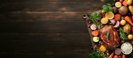 The Easter ham dinner is showcased in an overhead view, bordered on a dark wood banner background. photo