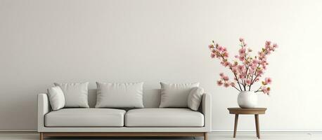 un real foto de flores metido en un de madera mesa y un gris sofá en un blanco vivo habitación. el
