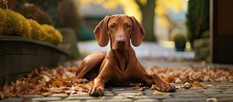 A Hungarian Vizsla dog is seen in a lovely autumn garden, appearing happy and content. The Vizsla photo