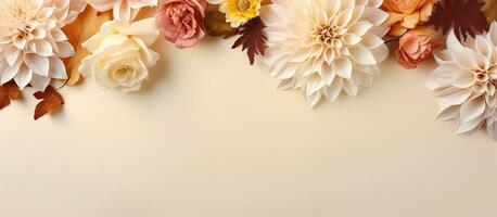 Autumn Floral Composition with a border created using fresh flowers on a pastel beige background. photo