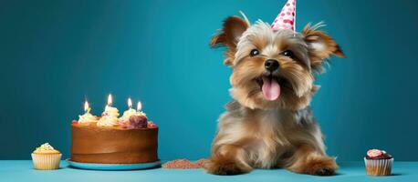 un alegre y adorable perro es felizmente celebrando con un cumpleaños pastel y fiesta sombrero. el perro foto