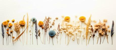 Minimal style photography featuring dried flowers arranged in a creative and natural composition, photo