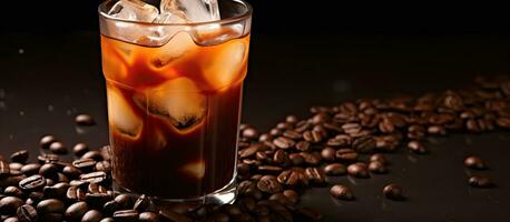 Cold Coffee With Ice And Beans On Brown Surface Copy Space photo