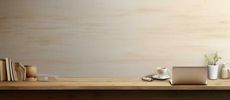 Front view workspace and copy space with a wooden desk table, supplies, and a coffee mug. photo