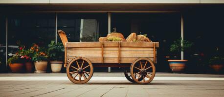 A vintage wooden cart is seen in front of a supermarket at a department store. The background photo