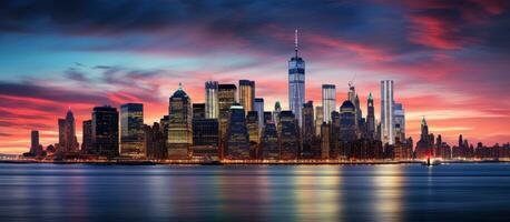 The Manhattan downtown skyline in New York City is illuminated with skyscrapers at sunset, creating photo