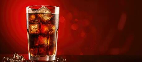 A glass of cola with ice, against a red background, provides a refreshing beverage option. With photo