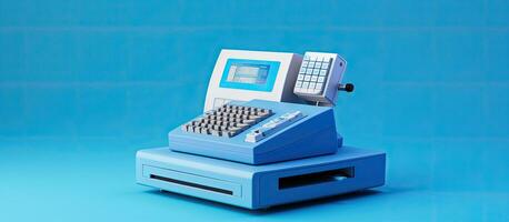 blue background, terminal cash register machine that is used for making payments. It includes photo