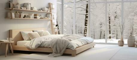 A bedroom with a white interior decor featuring a bed adorned with a cozy woolen blanket, shelves, photo