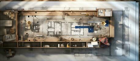 The top view of an architects workplace includes architectural project blueprints, blueprint photo