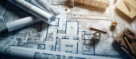 The top view of an architects workplace includes architectural project blueprints, blueprint photo