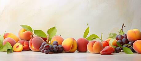 Close Up Of Summer Fruits Apricots Plums Peaches On Light Surface Copy Space photo