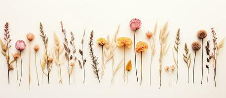 Minimal style photography featuring dried flowers arranged in a creative and natural composition, photo