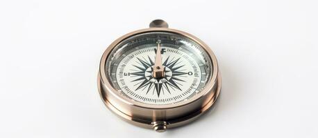 Closeup of a compass on a white background. Used for travel, geography, and navigation. empty photo