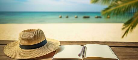 A blank writing book with summer beach accessories in the background, perfect for writing, is photo