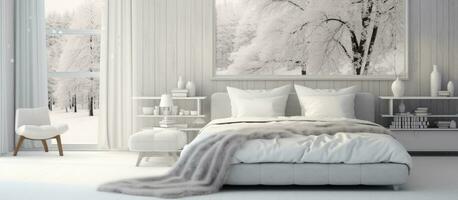 A bedroom with a white interior decor featuring a bed adorned with a cozy woolen blanket, shelves, photo