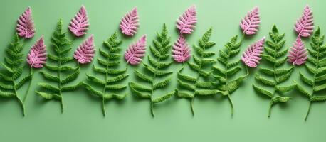 Green fern leaves crocheted on a pink background with room for text. This design features a photo