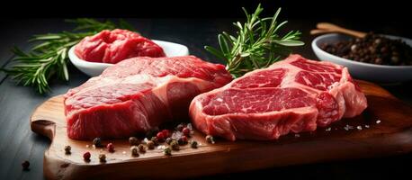 set of raw beef steaks, including ribeye, striploin, and T-bone, placed on a cutting board. photo