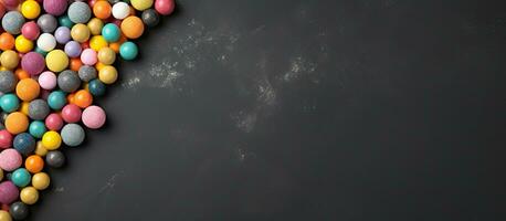 A horizontal banner with copy space featuring colorful candy balls on a gray and black paper photo