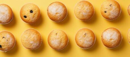 Top-down view of homemade muffins on a yellow background with empty space around them. photo