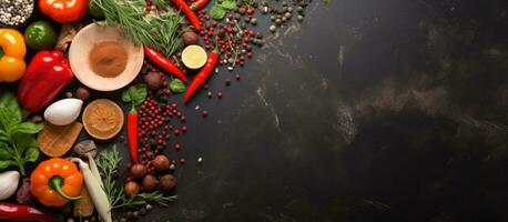 The frame of organic food with spices and vegetables is displayed on a stone background, allowing photo