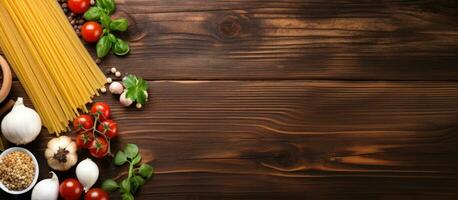 Top view of pasta cooking ingredients on a wooden kitchen table, with space available for your photo