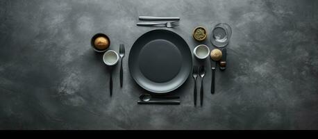 A gray table with no food but with cutlery on top when viewed from above. photo