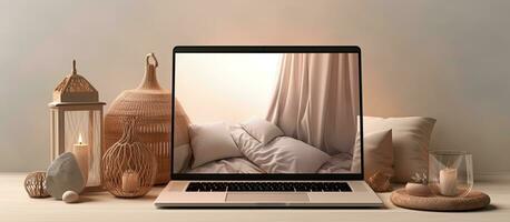 Aesthetic boho styled home interior design template with a laptop computer displaying a blank photo