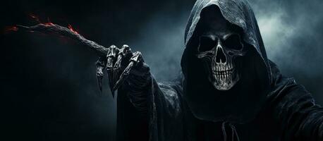 Grim Reaper extending arm towards camera against dark background with space to add text. photo