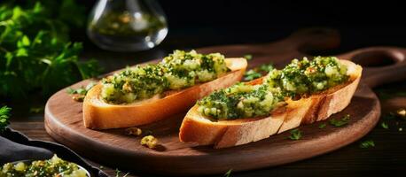 Bruschetta made with olive oil, olives, pesto, garlic, and Parmesan. Ciabatta bread seasoned photo