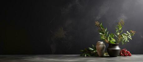 A rustic and dark black cement stone background with an empty grey marble tabletop is ideal photo