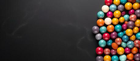 Colorful candy balls arranged on a gray and black paper background in a horizontal banner format photo