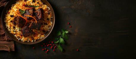 The Mandi or Kabsa Tandoor Dish is a rice dish with meat and spices. It is seen from a top view photo
