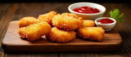 Chicken nuggets served with ketchup on a wooden background, with space for text. They are a photo