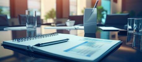 Close-up picture of a notepad with an agenda placed on a table in an empty corporate conference photo