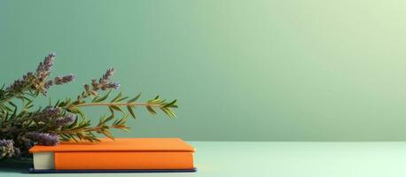 A banner with space for text featuring an orange book or notebook with lavender flowers inside, photo