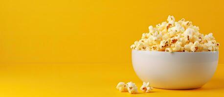 The bowl of colorful popcorn sits on a yellow desk with a view from above, providing ample copy photo
