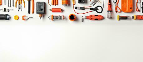 electrician equipment on a white background with empty space for text. It is taken from a top photo