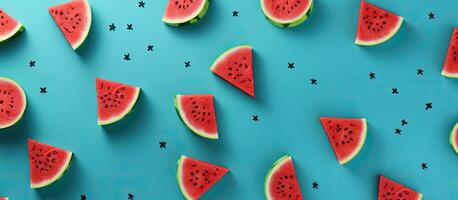 The Watermelon Pattern is a design featuring a red watermelon on a blue background. It represents photo