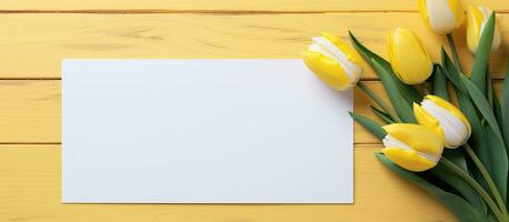 cork bulletin board and a white piece of paper are yellow tulips. empty space available for photo