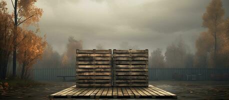 un vacío de madera paleta es apoyado arriba en contra el pared de un almacén en un campo adyacente a foto