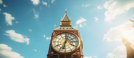 close-up view of clocks on the Spasskaya Tower of Moscow Kremlin on a summer morning. The blue photo