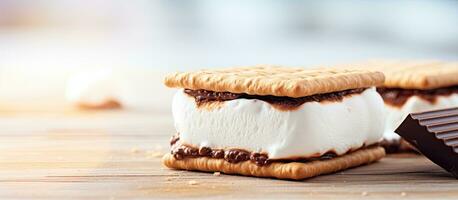 Close-up photograph of a tasty marshmallow sandwich topped with a cracker and chocolate, displayed photo