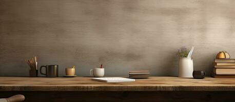 Front view workspace and copy space with a wooden desk table, supplies, and a coffee mug. photo